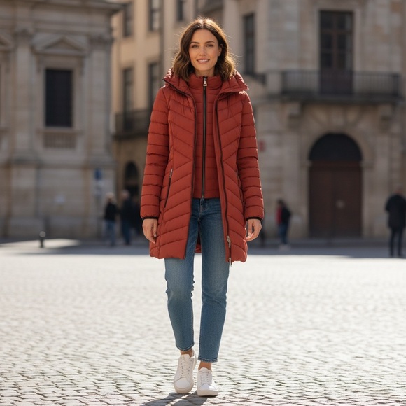 DKNY Long Packable‎ Vestie Walker/Bibbed Hooded Puffer Coat Color Sienna XL